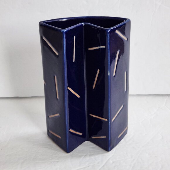 Vintage Stoneware Geometric Vase Retro MCM Rare HTF Cobalt Blue Glazed 6 5/8" - Picture 14 of 14